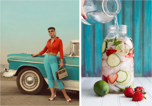 turquoise, red and white