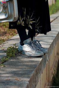 sneakers and plated skirt